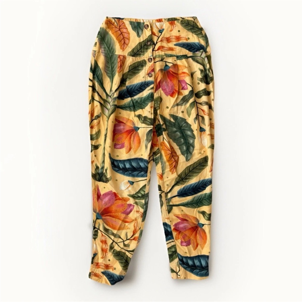 Farm Rio Tropical leaf Floral Pants Front Pleat Side Zip Wood Buttons
